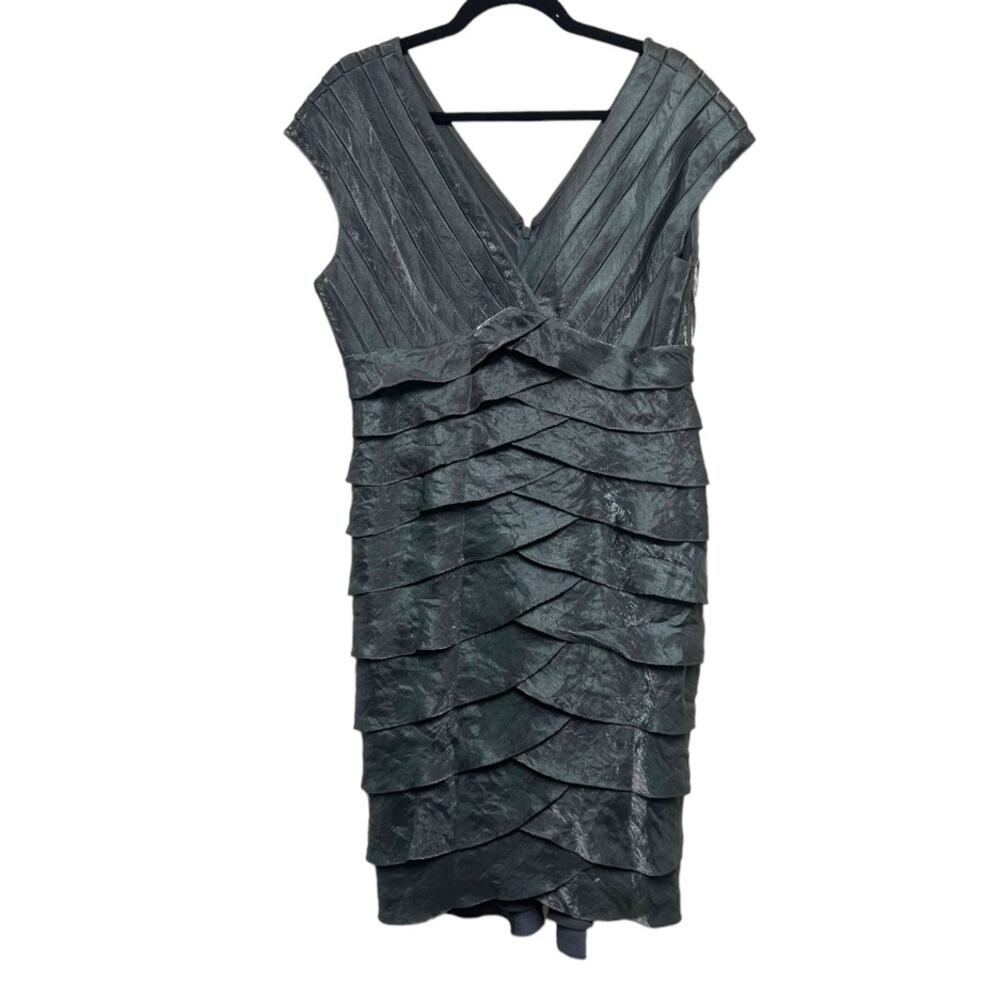 Adrianna Papell Cocktail Evening Shutter Pleat Tier Sheath Charcoal Grey Dress